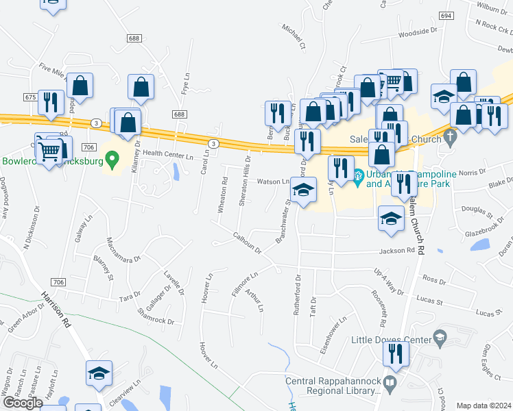 map of restaurants, bars, coffee shops, grocery stores, and more near 5900 Sheraton Circle in Fredericksburg