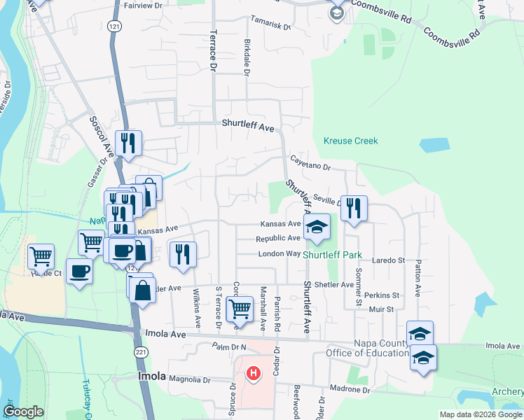 map of restaurants, bars, coffee shops, grocery stores, and more near 84 Belvedere Court in Napa