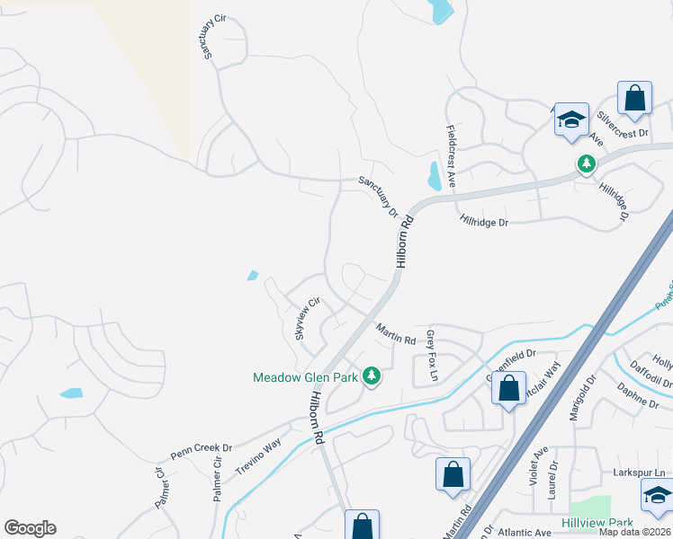map of restaurants, bars, coffee shops, grocery stores, and more near 2421 Wolf Glen Place in Fairfield