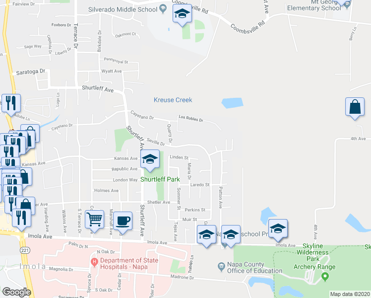 map of restaurants, bars, coffee shops, grocery stores, and more near 1320 Linden Street in Napa