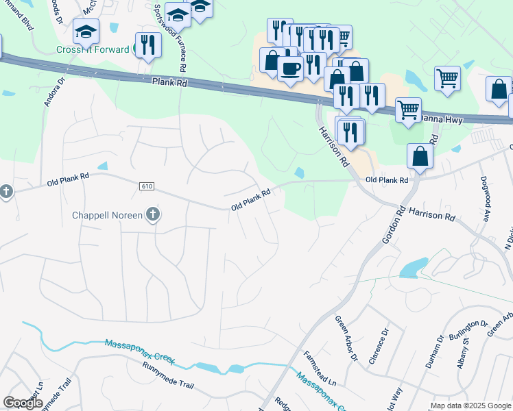 map of restaurants, bars, coffee shops, grocery stores, and more near 6814 Old Plank Road in Fredericksburg
