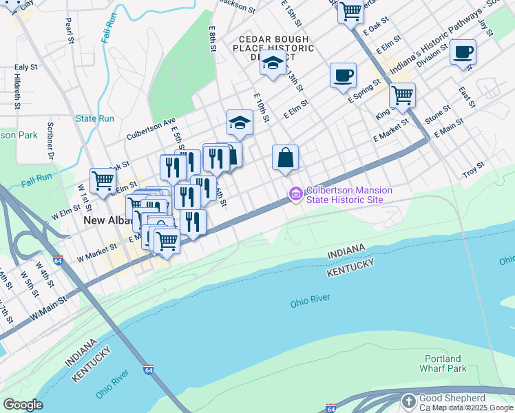 map of restaurants, bars, coffee shops, grocery stores, and more near 716 East Main Street in New Albany