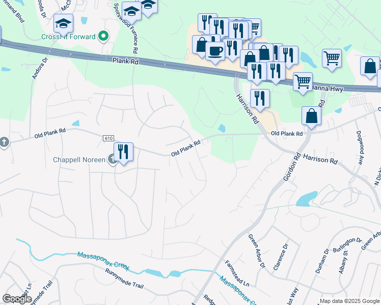 map of restaurants, bars, coffee shops, grocery stores, and more near 6814 Old Plank Road in Fredericksburg