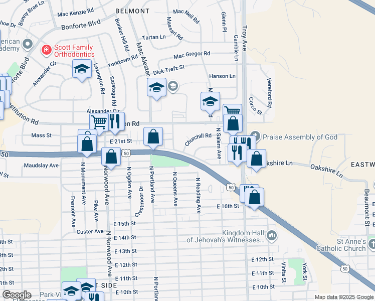 map of restaurants, bars, coffee shops, grocery stores, and more near 2 Churchill Road in Pueblo