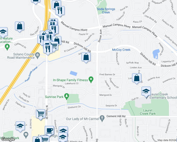 map of restaurants, bars, coffee shops, grocery stores, and more near 675 Hillside Drive in Fairfield