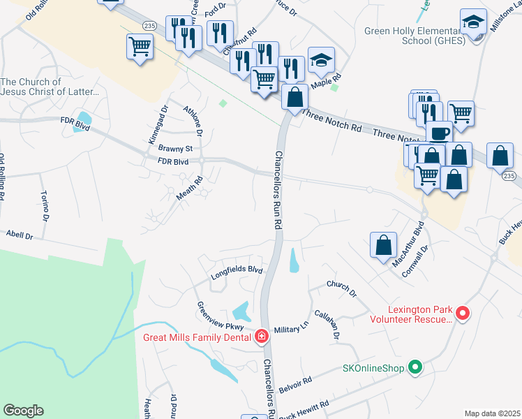 map of restaurants, bars, coffee shops, grocery stores, and more near 22512 Iverson Drive in Great Mills