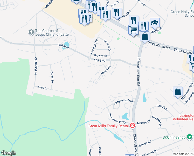map of restaurants, bars, coffee shops, grocery stores, and more near 45518 Finnea Way in Great Mills