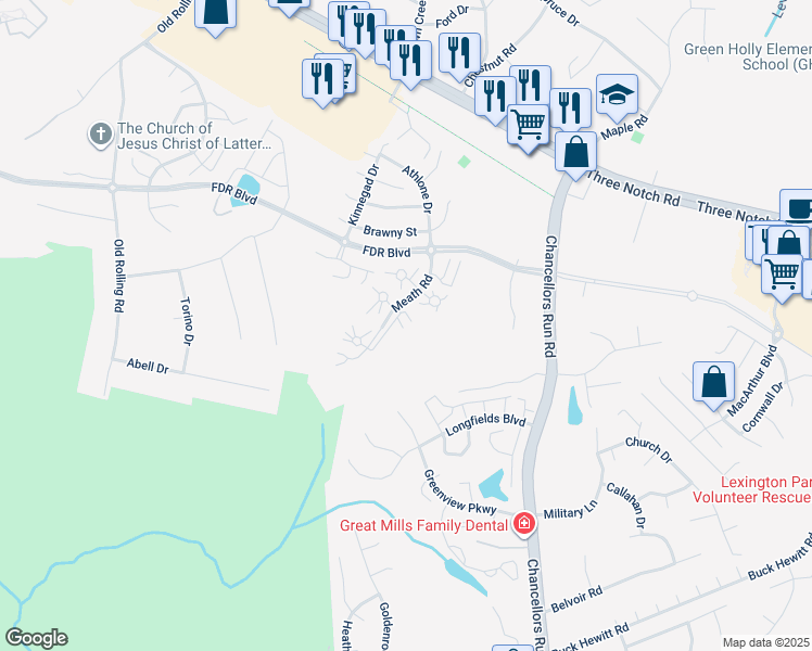 map of restaurants, bars, coffee shops, grocery stores, and more near 45551 Knockeyon Lane in Great Mills