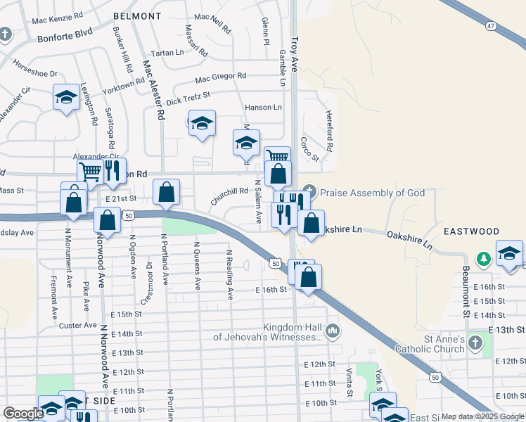 map of restaurants, bars, coffee shops, grocery stores, and more near 1920 North Salem Avenue in Pueblo