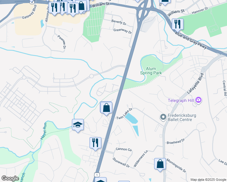 map of restaurants, bars, coffee shops, grocery stores, and more near Kings Mill Drive in Fredericksburg