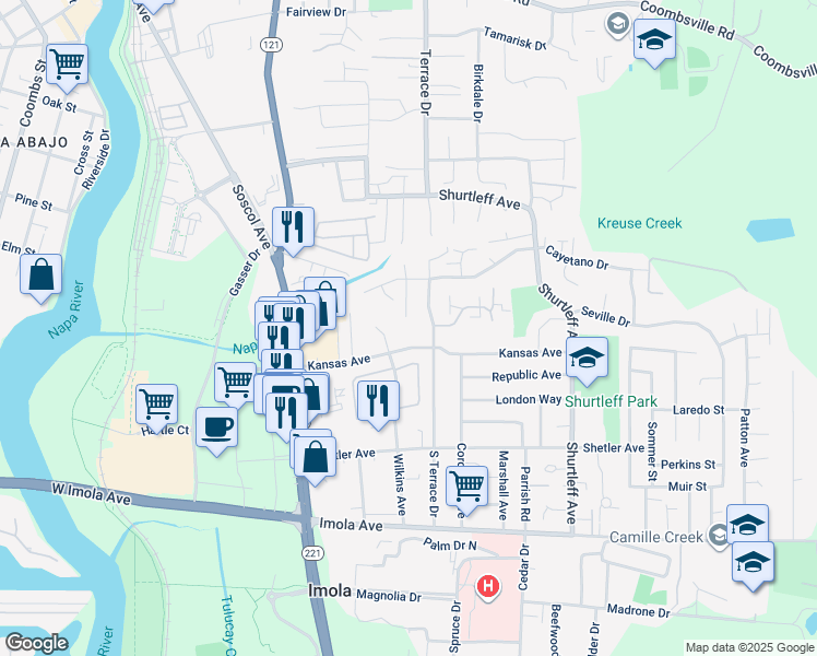 map of restaurants, bars, coffee shops, grocery stores, and more near 1076 Kansas Avenue in Napa