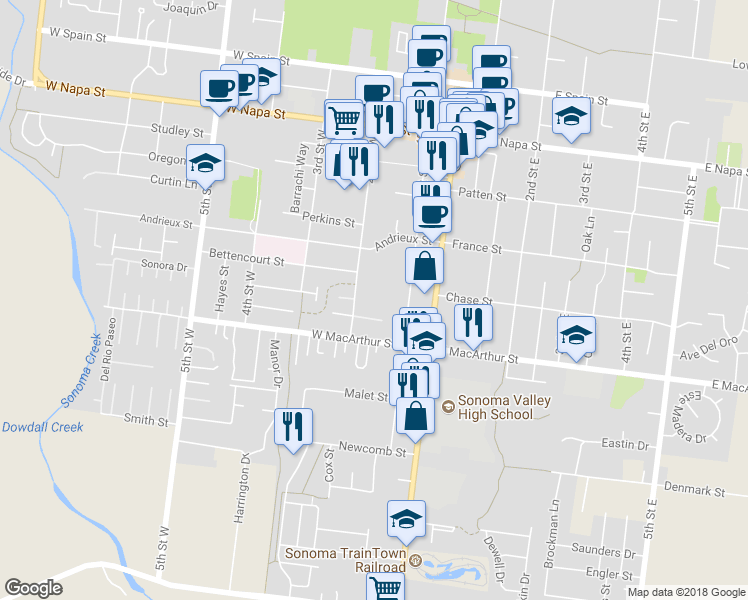 map of restaurants, bars, coffee shops, grocery stores, and more near 832 2nd Street West in Sonoma