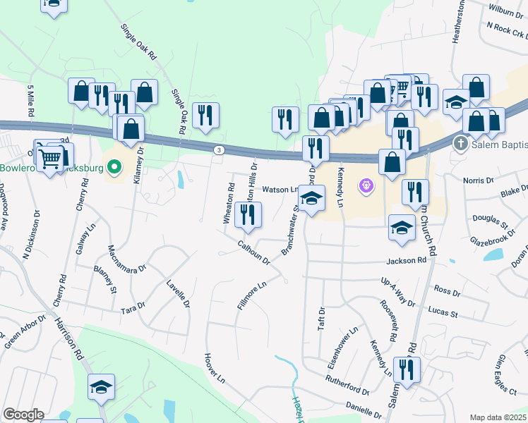 map of restaurants, bars, coffee shops, grocery stores, and more near 5900 Sheraton Circle in Fredericksburg