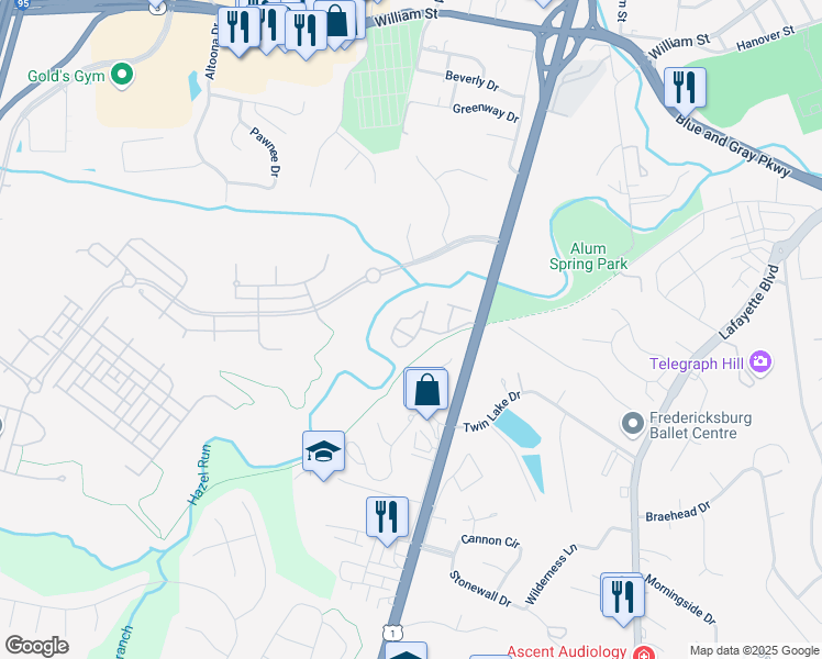map of restaurants, bars, coffee shops, grocery stores, and more near 218 Hazel Ridge Court in Fredericksburg