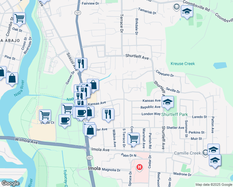 map of restaurants, bars, coffee shops, grocery stores, and more near 1076 Kansas Avenue in Napa