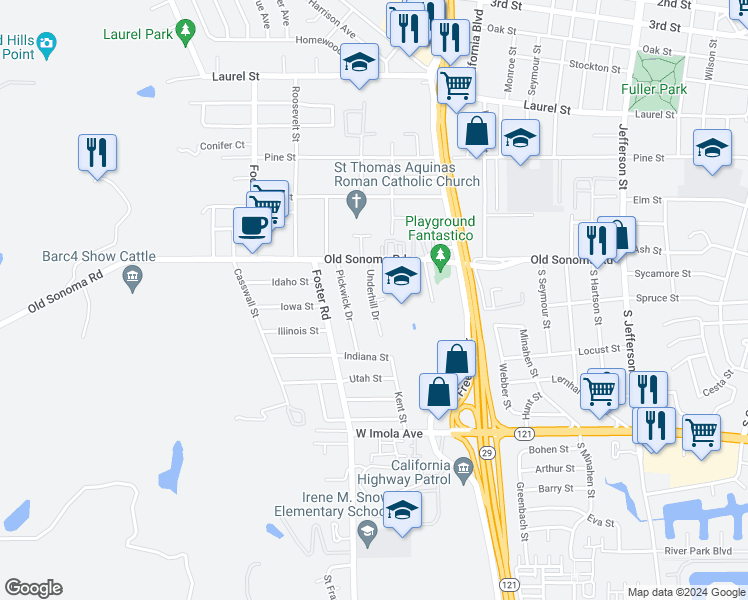 map of restaurants, bars, coffee shops, grocery stores, and more near 341 Underhill Drive in Napa