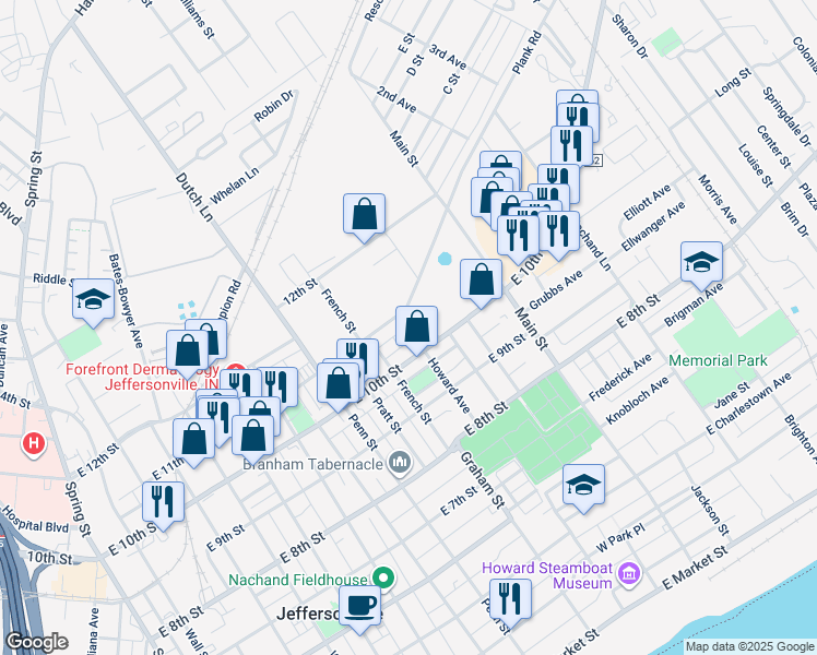 map of restaurants, bars, coffee shops, grocery stores, and more near 1011 Howard Avenue in Jeffersonville