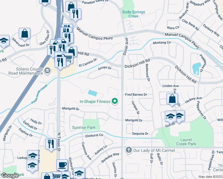 map of restaurants, bars, coffee shops, grocery stores, and more near 675 Hillside Drive in Fairfield
