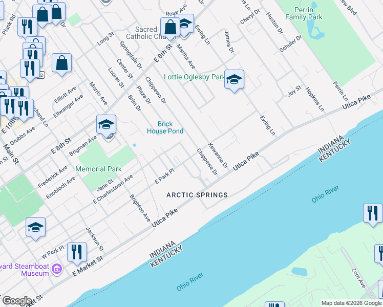 map of restaurants, bars, coffee shops, grocery stores, and more near 732-751 East Park Place in Jeffersonville
