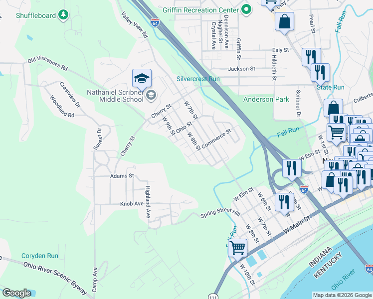 map of restaurants, bars, coffee shops, grocery stores, and more near 821 Commerce Street in New Albany