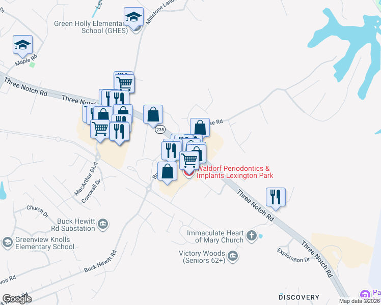 map of restaurants, bars, coffee shops, grocery stores, and more near 22555 Three Notch Road in Lexington Park