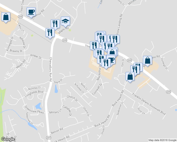 map of restaurants, bars, coffee shops, grocery stores, and more near 45900 Halsey Court in California