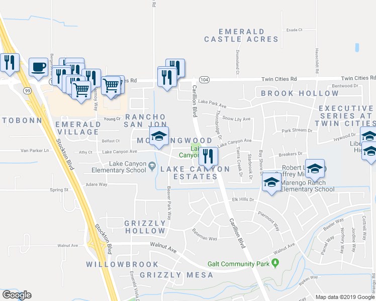 map of restaurants, bars, coffee shops, grocery stores, and more near 1070 Golden Heights Drive in Galt