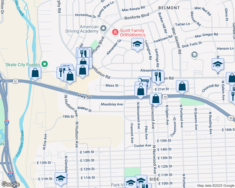 map of restaurants, bars, coffee shops, grocery stores, and more near 1082-1298 U.S. 50 in Pueblo