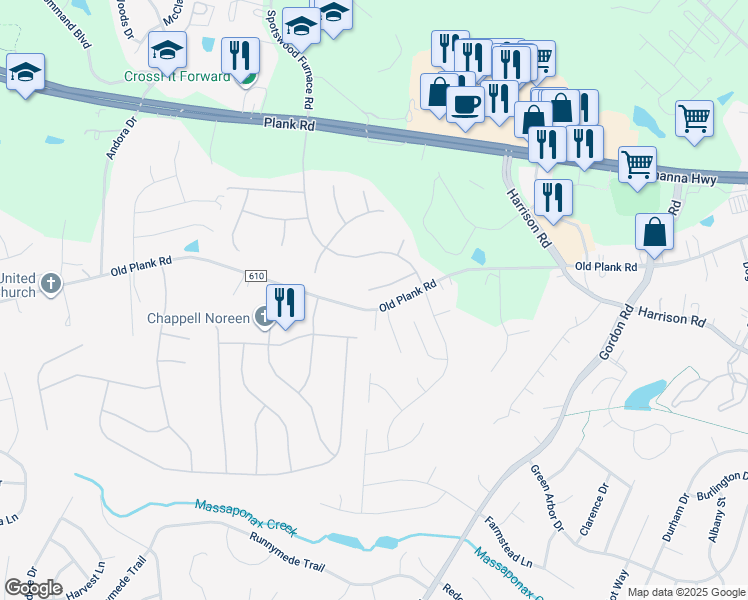 map of restaurants, bars, coffee shops, grocery stores, and more near 7112 Crown Jewels Court in Fredericksburg