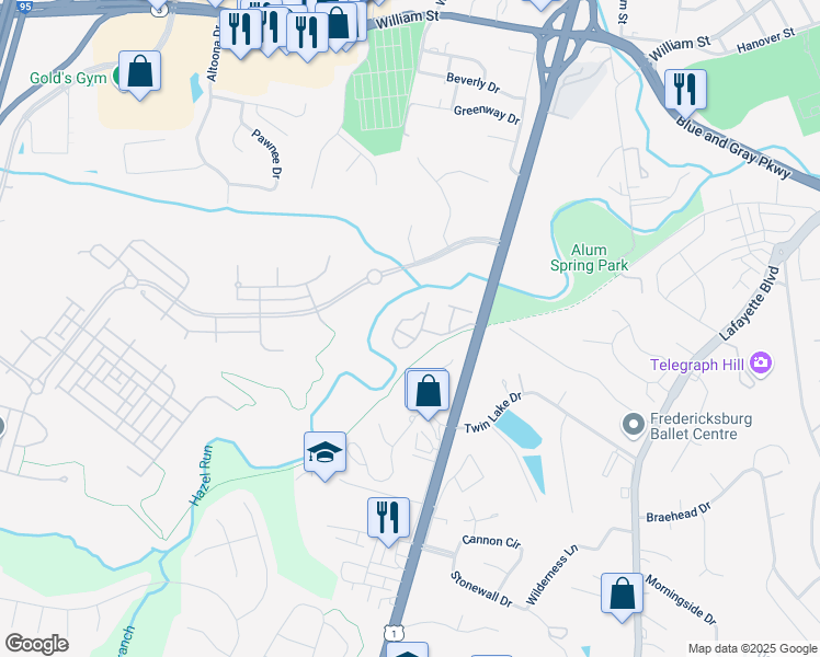 map of restaurants, bars, coffee shops, grocery stores, and more near 224 Kings Mill Court in Fredericksburg