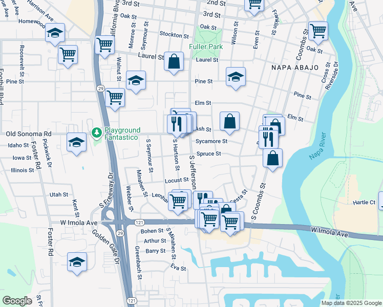 map of restaurants, bars, coffee shops, grocery stores, and more near S Jefferson St & Spruce St in Napa