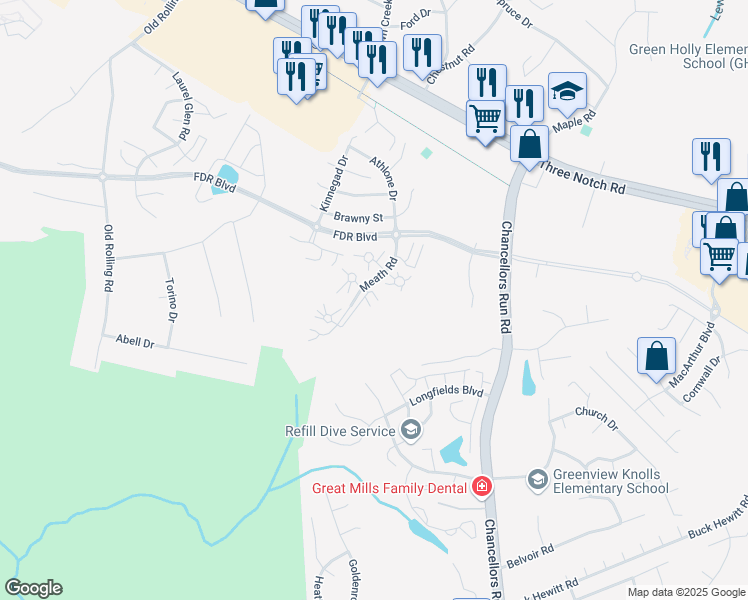 map of restaurants, bars, coffee shops, grocery stores, and more near 45563 Knockeyon Lane in Great Mills
