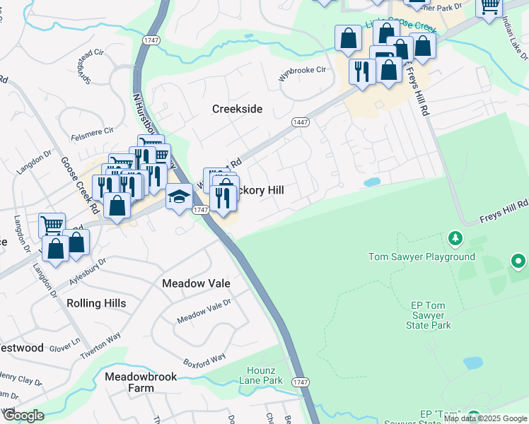 map of restaurants, bars, coffee shops, grocery stores, and more near 9805 Springbark Drive in Louisville