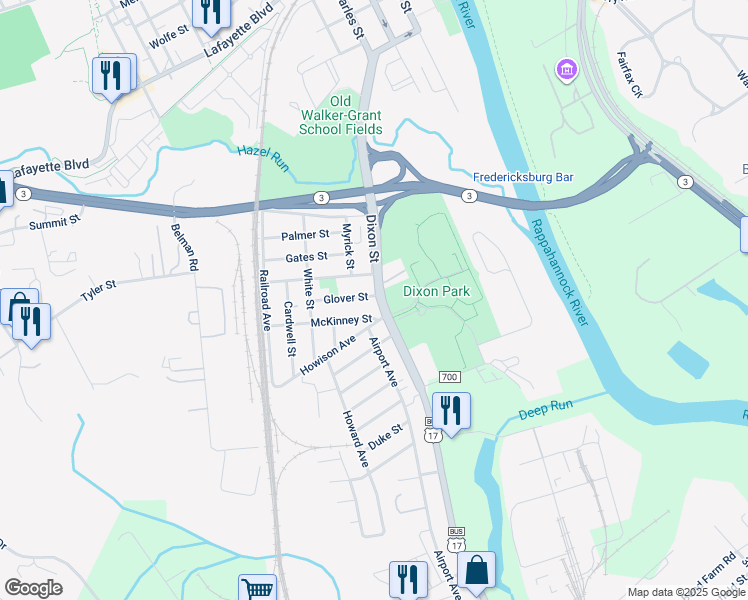 map of restaurants, bars, coffee shops, grocery stores, and more near 1201 Dixon Street in Fredericksburg