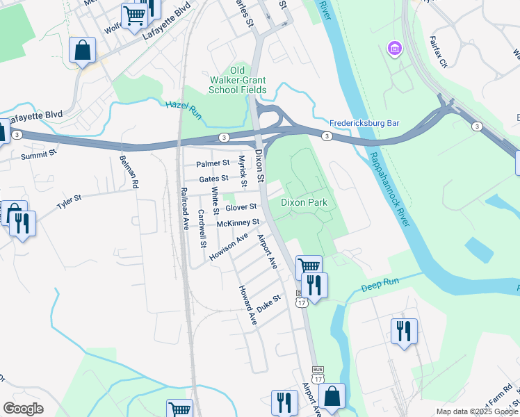 map of restaurants, bars, coffee shops, grocery stores, and more near 1201 Dixon Street in Fredericksburg