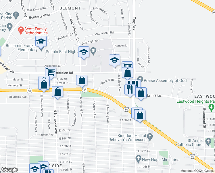 map of restaurants, bars, coffee shops, grocery stores, and more near 7 Yorkshire Road in Pueblo