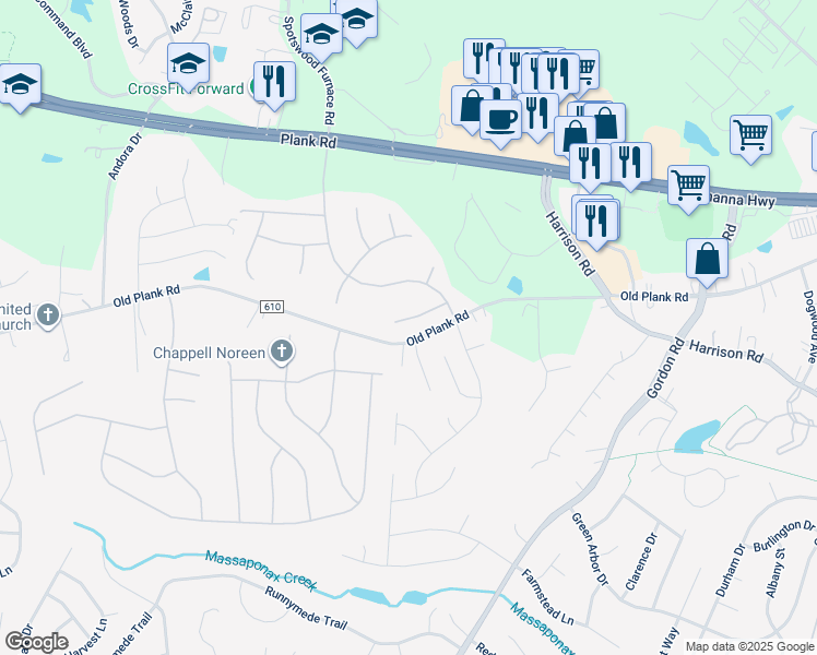 map of restaurants, bars, coffee shops, grocery stores, and more near 7110 Crown Jewels Court in Fredericksburg