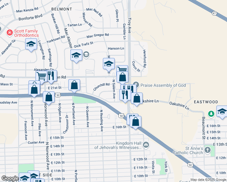 map of restaurants, bars, coffee shops, grocery stores, and more near 1920 North Salem Avenue in Pueblo