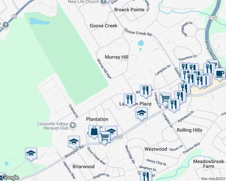 map of restaurants, bars, coffee shops, grocery stores, and more near 8812 Blossom Lane in Louisville