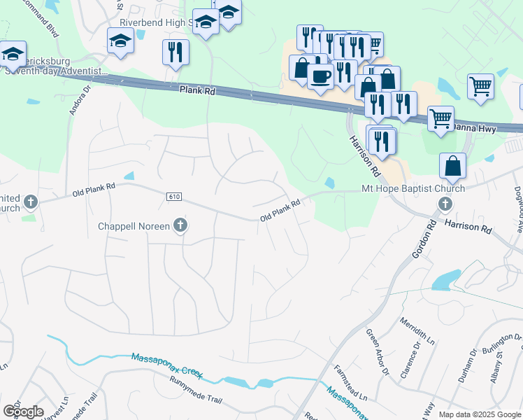 map of restaurants, bars, coffee shops, grocery stores, and more near 7110 Crown Jewels Court in Fredericksburg