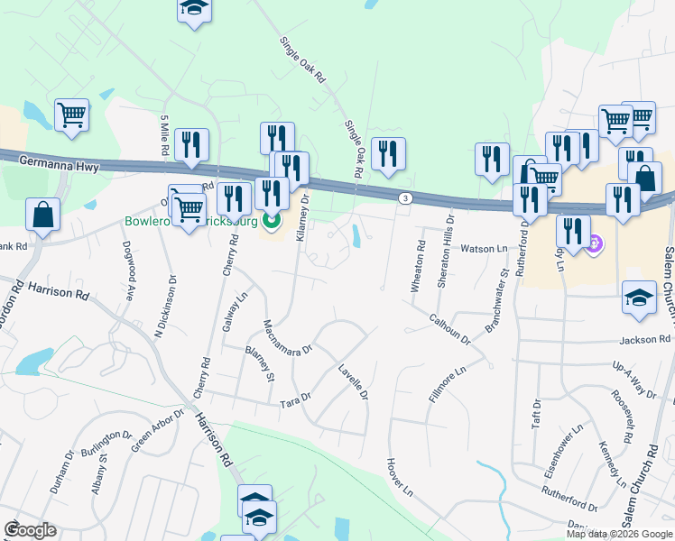 map of restaurants, bars, coffee shops, grocery stores, and more near 12100 Chancellors Village Lane in Fredericksburg