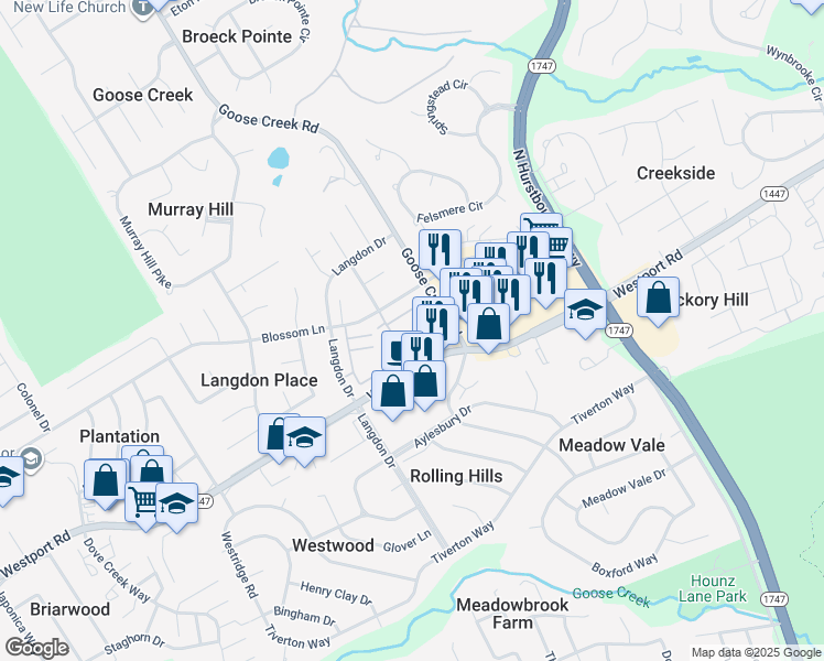 map of restaurants, bars, coffee shops, grocery stores, and more near 9525 Westport Road in Louisville