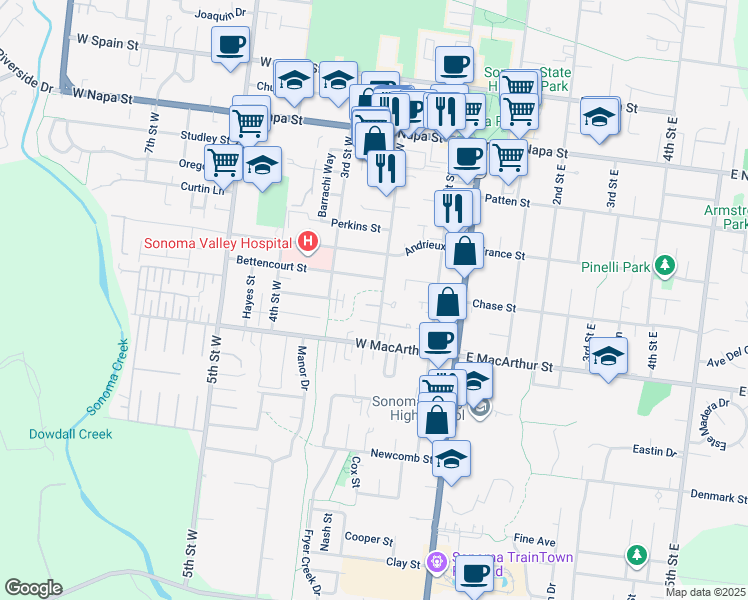 map of restaurants, bars, coffee shops, grocery stores, and more near 821 2nd Street West in Sonoma