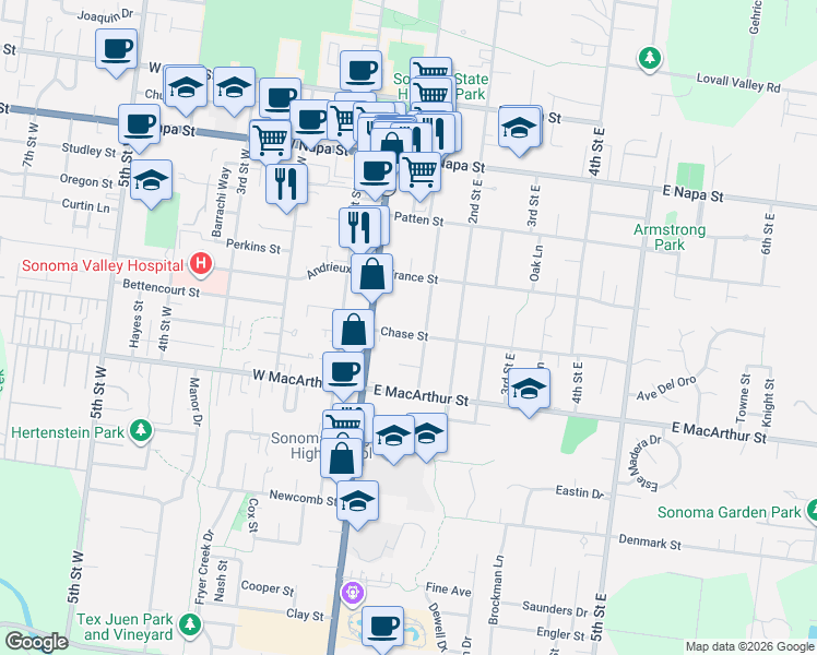 map of restaurants, bars, coffee shops, grocery stores, and more near 131 Chase Street in Sonoma