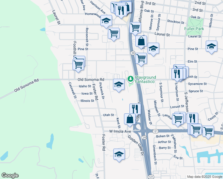 map of restaurants, bars, coffee shops, grocery stores, and more near 280 Underhill Drive in Napa