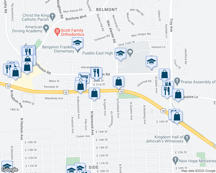 map of restaurants, bars, coffee shops, grocery stores, and more near 1600-1698 U.S. 50 in Pueblo