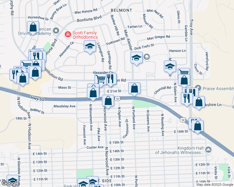map of restaurants, bars, coffee shops, grocery stores, and more near 1600-1698 U.S. 50 in Pueblo