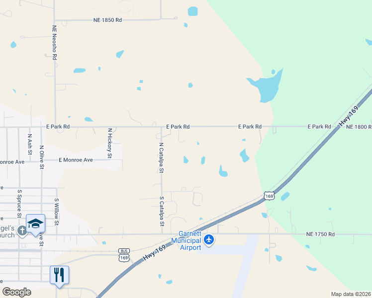 map of restaurants, bars, coffee shops, grocery stores, and more near in Garnett