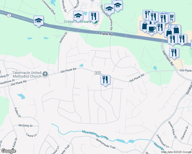 map of restaurants, bars, coffee shops, grocery stores, and more near 7024 Old Plank Road in Fredericksburg