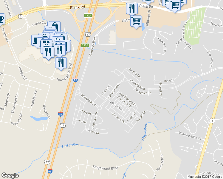 map of restaurants, bars, coffee shops, grocery stores, and more near 1855 Idlewild Boulevard in Fredericksburg